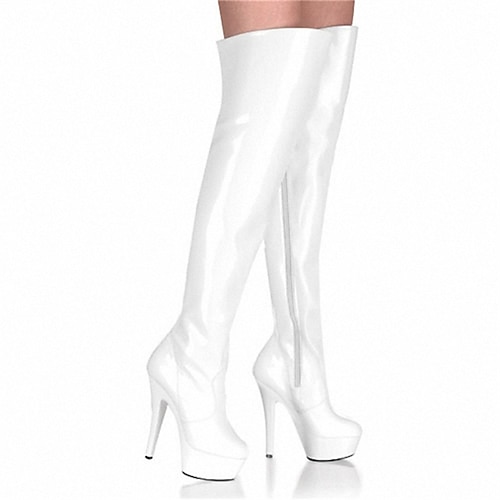 Overknee-Stiefel aus schwarzem Lacklederimitat für Damen – Plateau-Stiletto-Overknee-Stiefel für Clubwear, zum Ausgehen und für Auftritte Image
