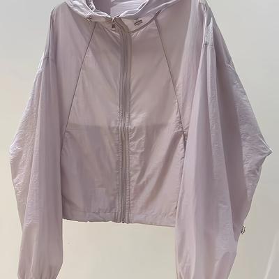 TEMU Women's Lightweight Summer Hooded Jacket - Casual Breathable Zip-up Bomber With Transparent Front, Beige Outerwear For Casual Attire, Summer Casual Wear | Jacket | Transparent Front Image