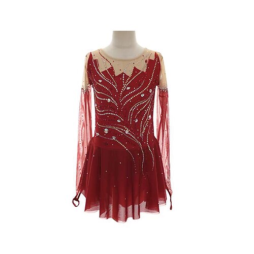 Eiskunstlaufkleid Damen Mädchen Eislaufen Kleid Burgund Patchwork Daumenloch Netzstoff Spandex Dehnbar Training Übung Professionell Eiskunstlaufkleidung Thermowarm Kristall / Strass Langarm Eislaufen Image