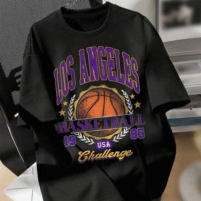 TEMU 1pc Men's Los Angeles Basketball Graphic T-shirt, 100% Cotton Crew Neck Tee, Black With Purple& Orange Design, Regular Fit Casual Wear For All - Perfect Gift For Sports Fans Image