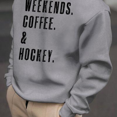 "TEMU Men's Casual Pullover Sweatshirt, " & Coffee & Hockey" Print, Polyester, Regular Fit, Round Neck, Stretch Knit, Outdoor , For Couples, , Black/red/" Image