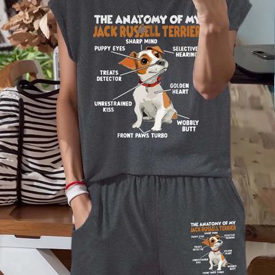 "TEMU Chic Casual Print Women's Sleeveless T-shirt & Shorts Set - "jack Terrier" Themed, Polyester, Crew Neck, Spring/summer Outfit" Image