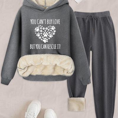 TEMU Cozy & Chic Women's Plush Letter Print Two-piece Set - Soft Polyester Hoodie With Fleece & Matching Pants, Casual Fall/winter Outfit, Machine Washable Image