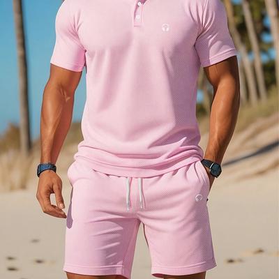 TEMU Men's Elegant Earphone Print Shirt And Drawstring Pocket Shorts Summer Casual Outfit, Suitable For Golf Image