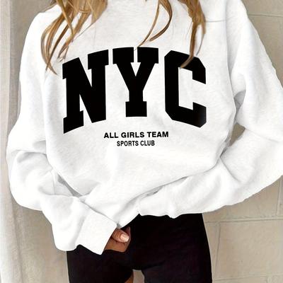 TEMU Nyc Graphic Print Crew Neck Sweatshirt For Women - 100% Polyester, Lightweight & Comfortable, Machine Washable, Casual Fall & Winter Wear, Design Image