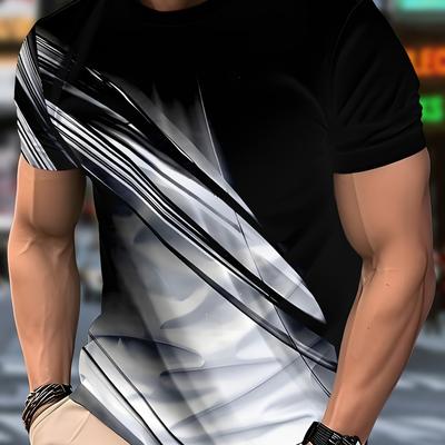 TEMU Men's Casual Crew Neck T-shirt With Abstract Black & - Soft Fabric, Regular Fit, Casual Attire|modern Casualwear|stretchable Fabric Image