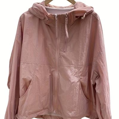 TEMU Women's Lightweight Hooded Zip-up Jacket - 100% Polyester Asymmetrical Hem, Spring/autumn Solid Color Outerwear, Machine Washable Image