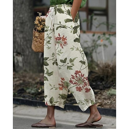 Damen Kunstbaumwollleinen Abgeschnittene Hose Streetwear Boho Knöchellang Mittlere Taille Blumen Elastischer Bund Bequem Alltagskleidung Ausgehen Weiß Sommer Frühling Normale Passform Image
