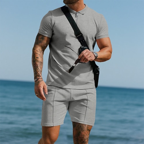 Herren Poloshirts Viertel-Reißverschluss-Poloshirt Outdoor Alltagskleidung Revers Kurzarm Mode Hawaiianisch Einfach 2 teilig Sommer Normale Passform Schwarz Weiß Königliches Blau Grün Khaki Grau Image