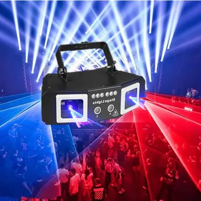 Party lights, DJ disco light beam patterns, RGB laser projectors, stroboscopic lights, DMX512
