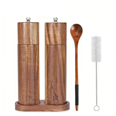 Leeseph Wooden Salt and Pepper Grinder Set with Matching Base, Wooden Spoon, and Brush, Ideal for Fine and Coarse Grinding