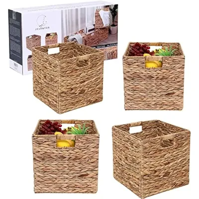Foldable Handwoven Water Hyacinth Wicker Cube Rectangular Laundry,Set of 4 Pcs,12x12x12inch, Storage
