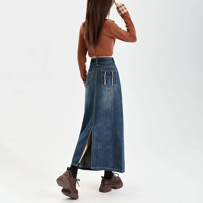 2025 sommer Neue Vintage Frau Schlank Rock Solide Plus Größe Hohe Taille Kausalen Denim Lange Röcke Lose Fit Side Split A-linie Röcke