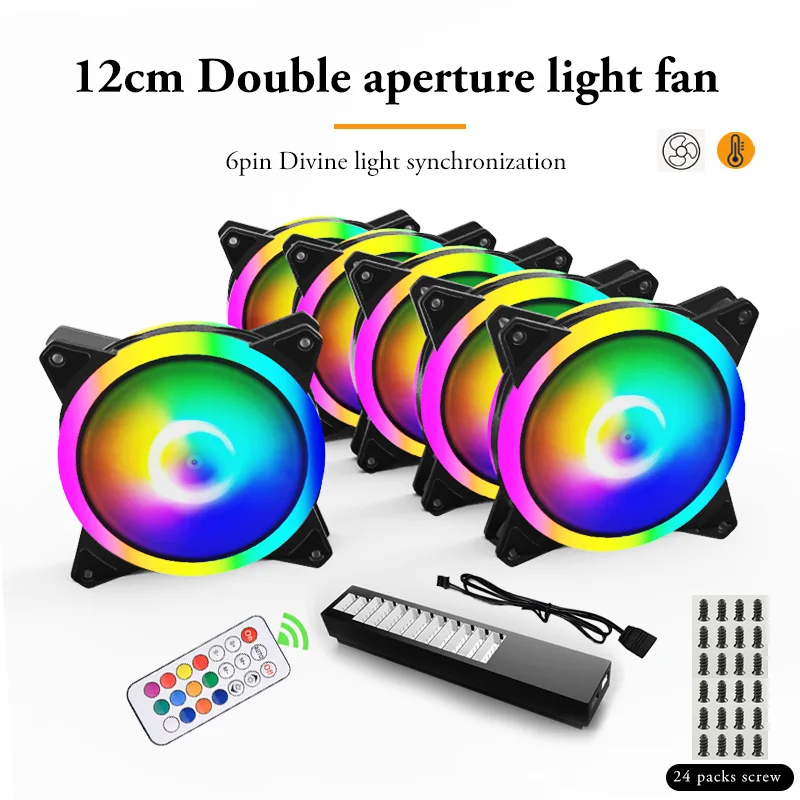 Computergehäuselüfter 120 mm * 6 + 10 + 2 Hub (mit Fernbedienung) 6PIN * 10 PWM und 4PIN RGB * 2 Schnittstellen. 650-1500 U/min. 7 Stück Image