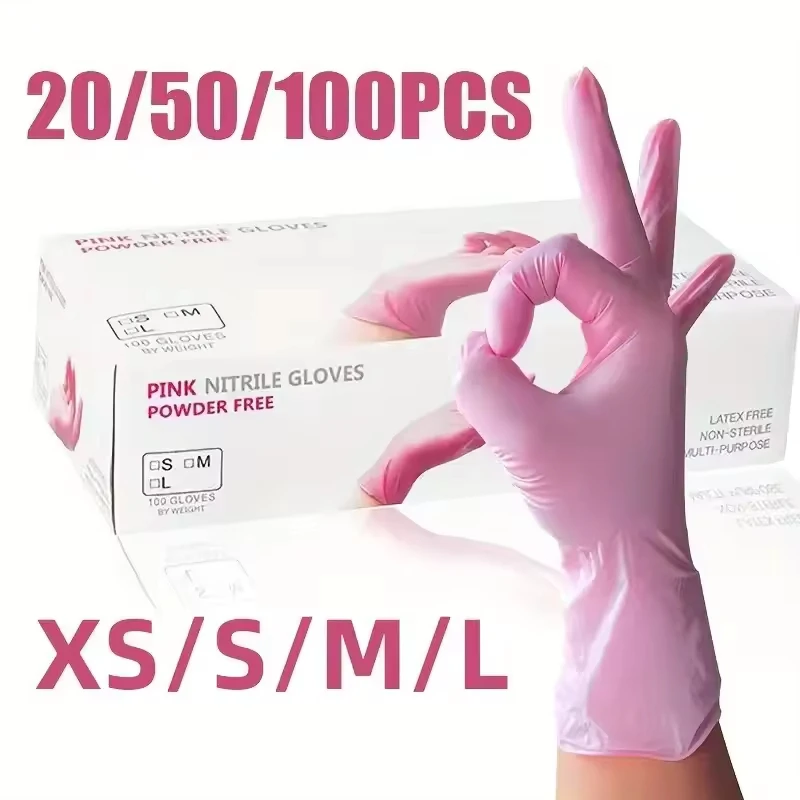 20/50/100 Stück rosa Einweghandschuhe, nicht sterile Nitrilhandschuhe für die Arbeit, Haushaltsreinigung, Küche, Kosmetikerin, Haarfärbemittel, Tattoo Image