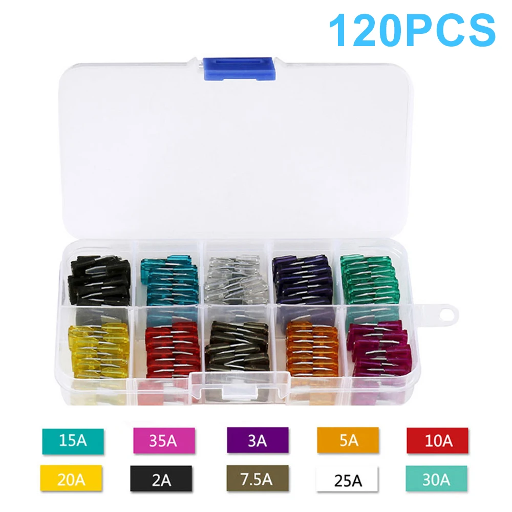 120 Stücke Automotive Sicherung Blade Sicherungen Sortiment Kit Auto Sicherung Verstärker mit Box Clip 2/3/5/7,5/10/15/20/25/30/35A für Lkw SUV Image