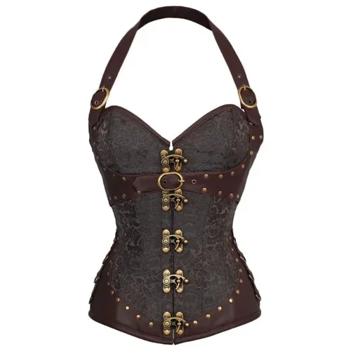 Steampunk Corset Top Steel Bone Korset Gothic Leather Overbust Bustier with Halter Strap Medieval Retro Corselet