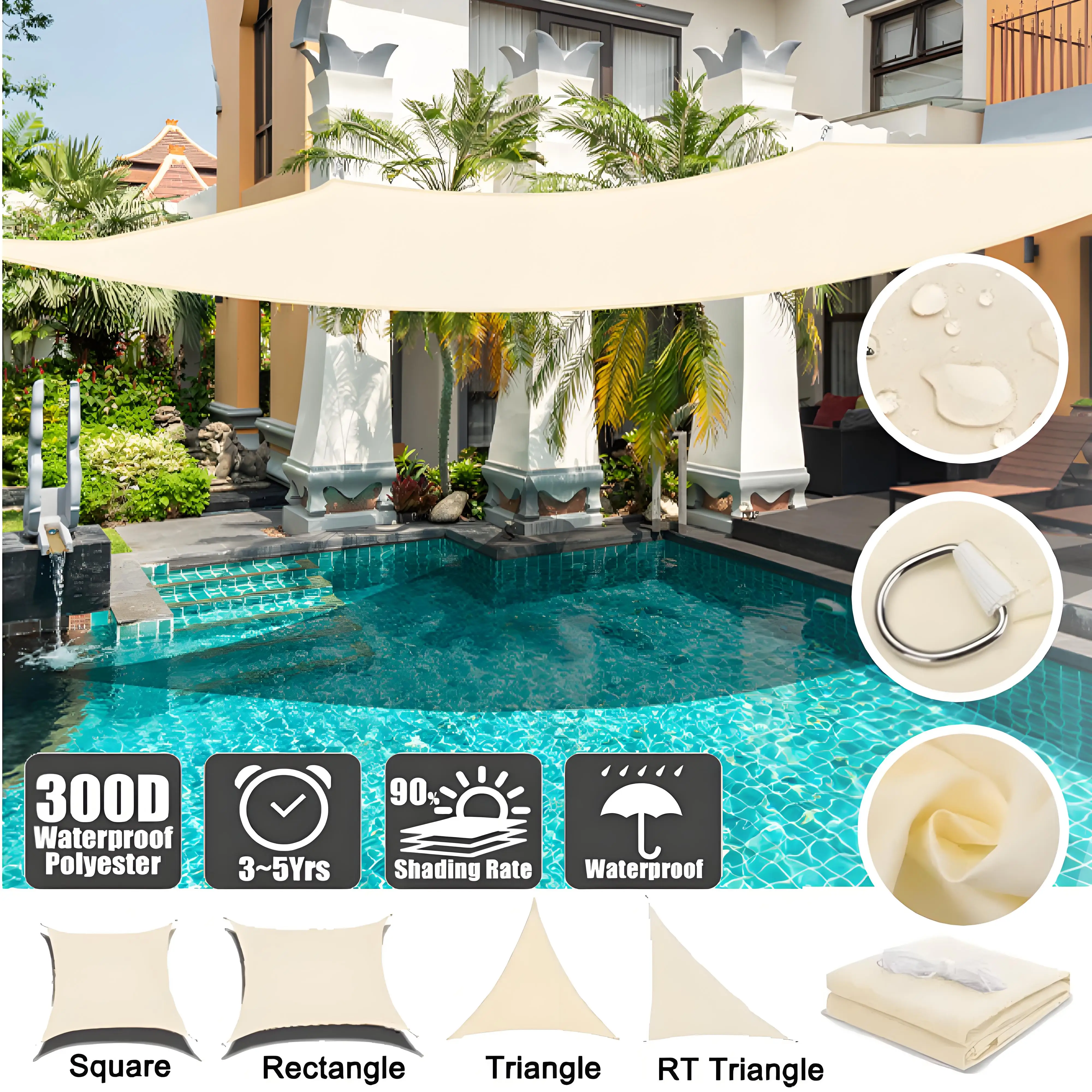 Beige Sonnensegel, wasserdichtes Sonnensegel für den Außenbereich, Garten, Terrasse, Party, 98 % UV-Block, Sonnenschutz, Markise, Baldachin, Sonnensail mit Seil Image