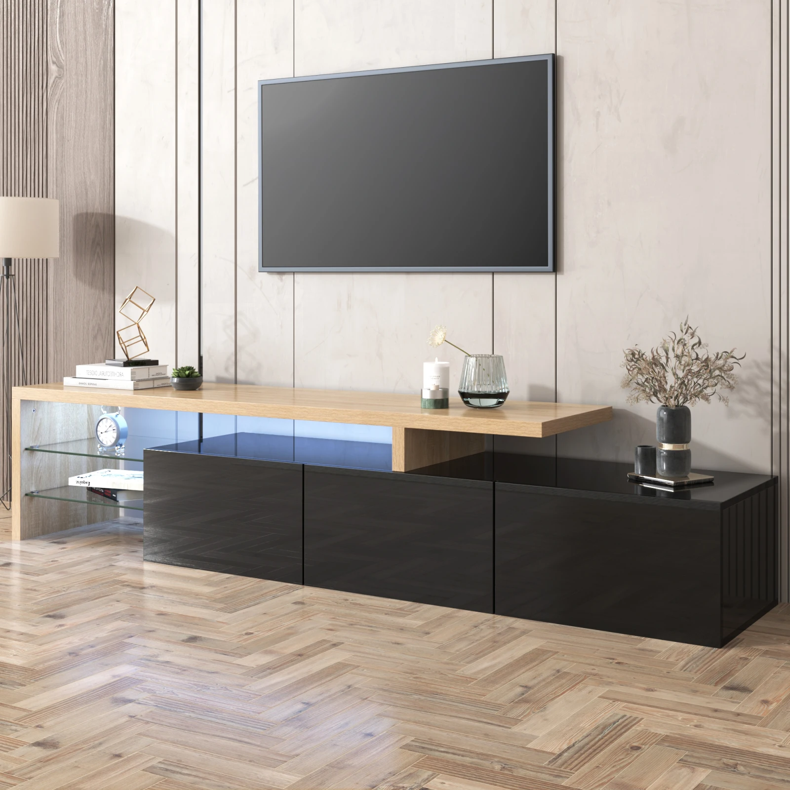 Comanlai Meuble TV 200 cm avec éclairage LED, étagère en verre et 3 portes, avec espace de rangement, meuble TV, meuble TV, table TV, noir