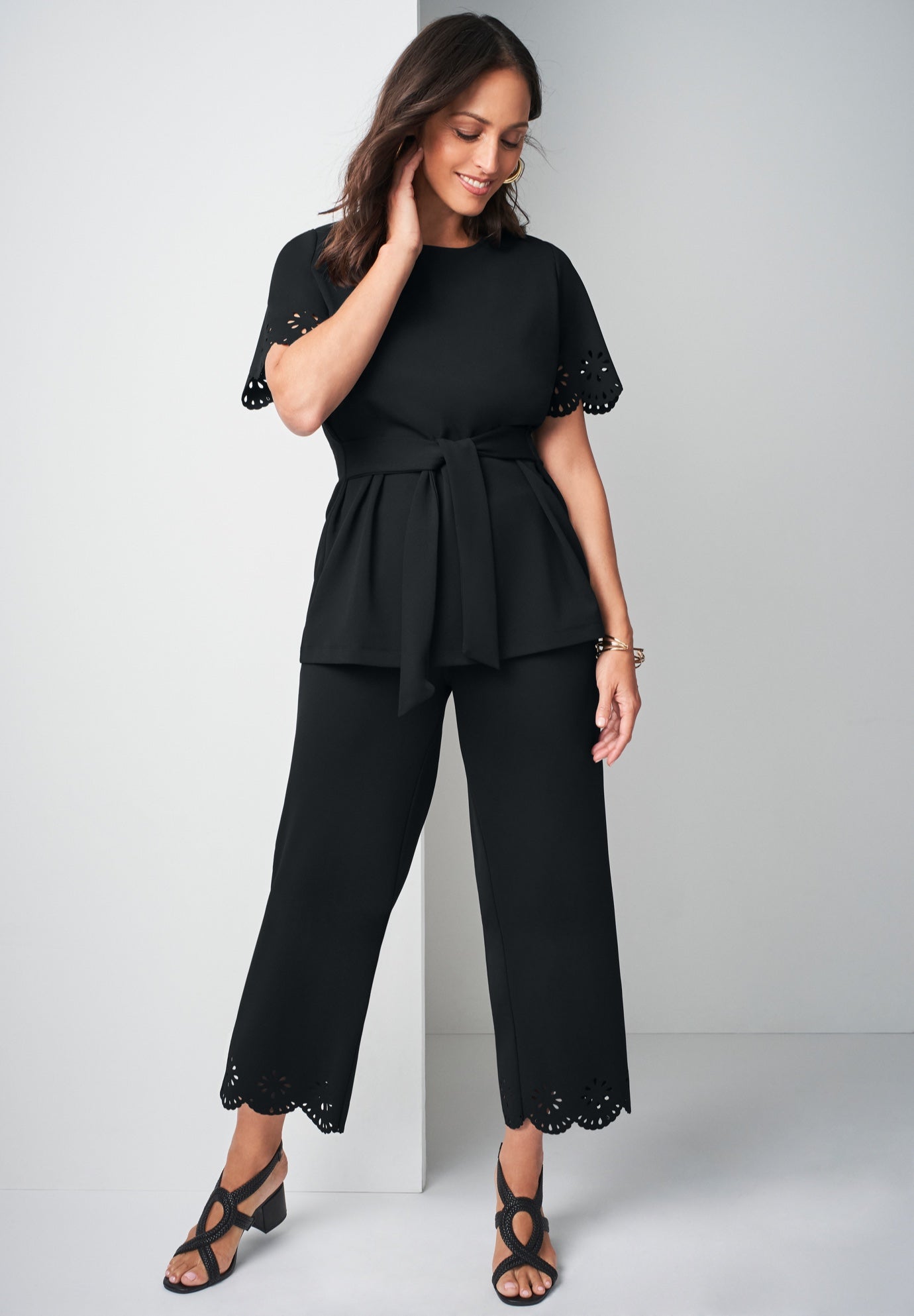 Plus Size Women's Stretch Knit Crepe Laser Cut Set by Jessica London in Black Geo Floral (Size 3X)