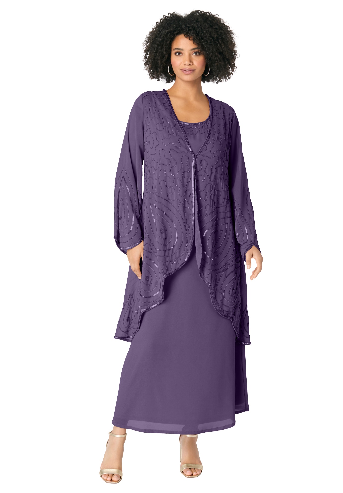 Plus Size Women's Plus-Size 2 piece Long Sleeve Beaded Georgette Gown Set with Detachable Jacket by Roaman's in Purple Grape (Size 34 W)
