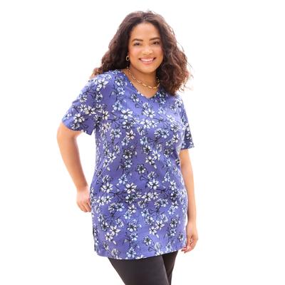 Plus Size Women's Easy Fit Short Sleeve V-Neck Tunic by Catherines in Blue Lily Garden (Size 2X)