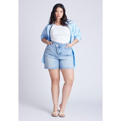Plus Size Women's Overlap Waistband Shorts by ELOQUII in Light Wash (Size 30)