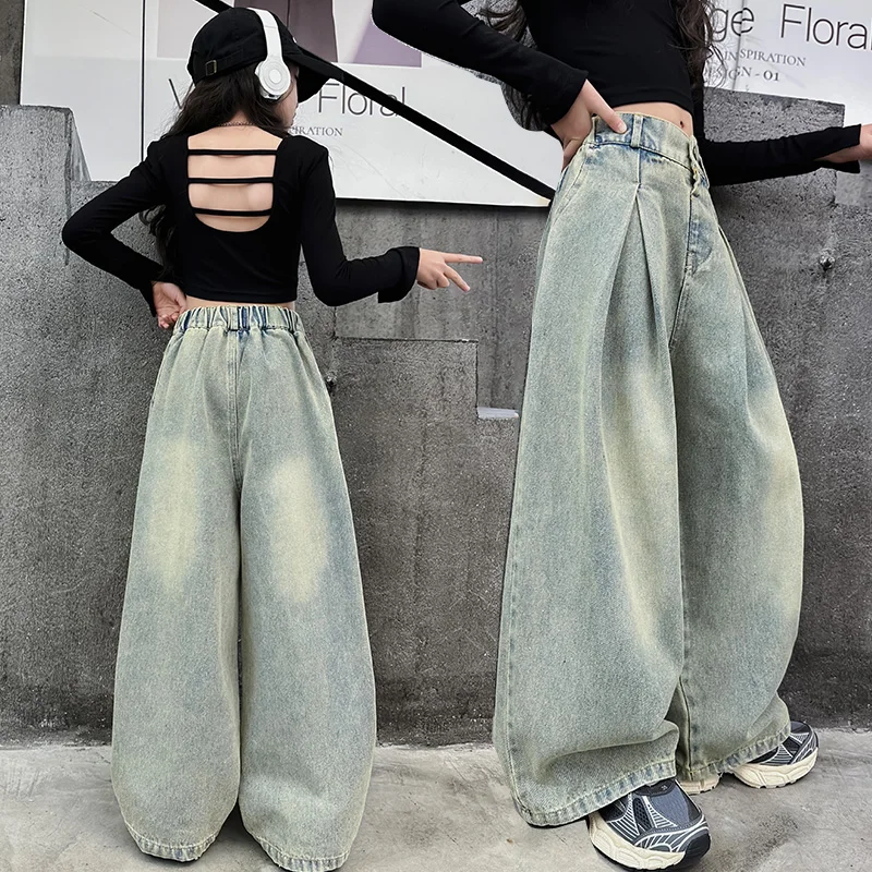 Hot Girl Hip Hop Hochwertige Baggy-Jeans für amerikanische Kinder Hiphop Street Washing Lose Denim-Hosen Kinder Rapper-Jeans-Hosen