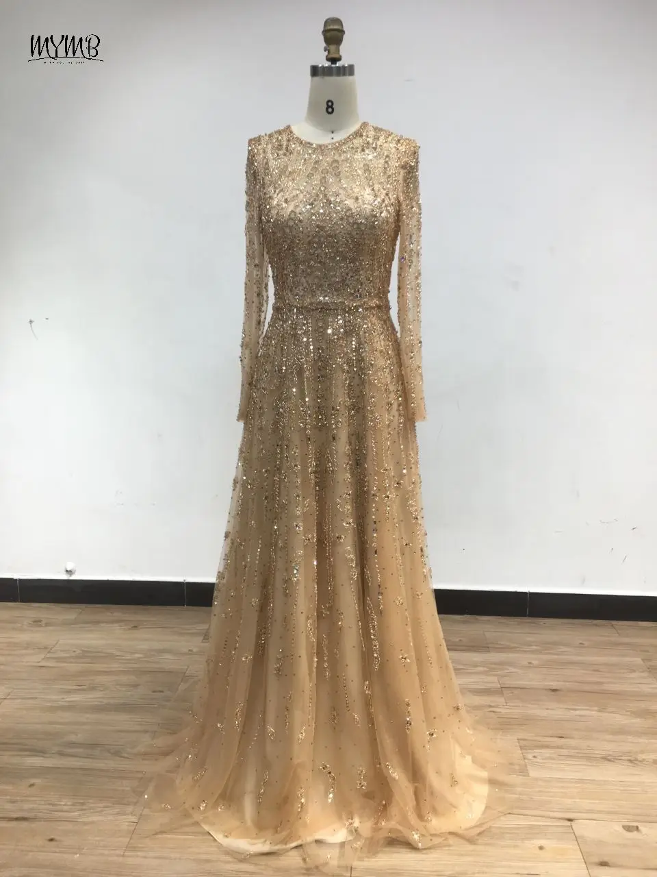 MYMB Gold Dubai Wunderschöne A-Linie Abendkleider Für Frauen Promi Muslimischen Elegante Lange Ärmel Perlen Hochzeit Party Kleider Neue