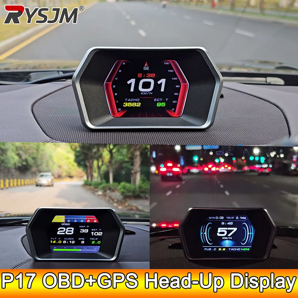 AD P17 Head Up Display Tachometer OBD2 GPS HUD Display Smart Auto Tachometer Sicherheit Alarm Wasser Temp Spannung RPM Overs Image