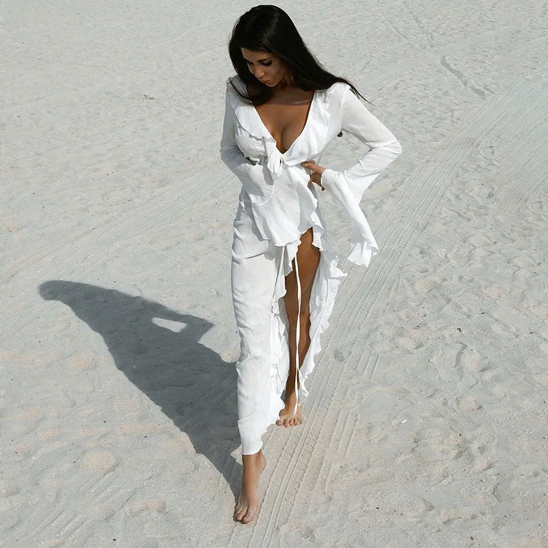 Sexy V-Ausschnitt Rüschen Langarm Schwarz Weiß Neue Chiffon Tunika Strand Cover Up Cover-ups Kleid Sonnenschutz Beachwear Damenbekleidung Image