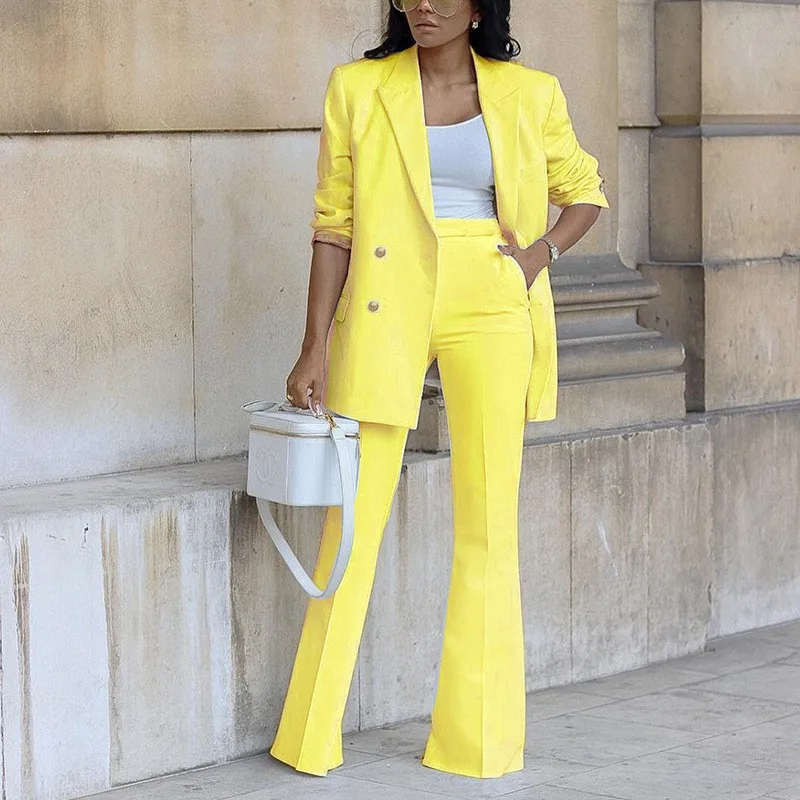 Pantaloni a gamba larga alla moda Set blazer da donna Autunno Inverno Abito lungo doppiopetto Cappotto Pantaloni Abito femminile Set da 2 pezzi da ufficio