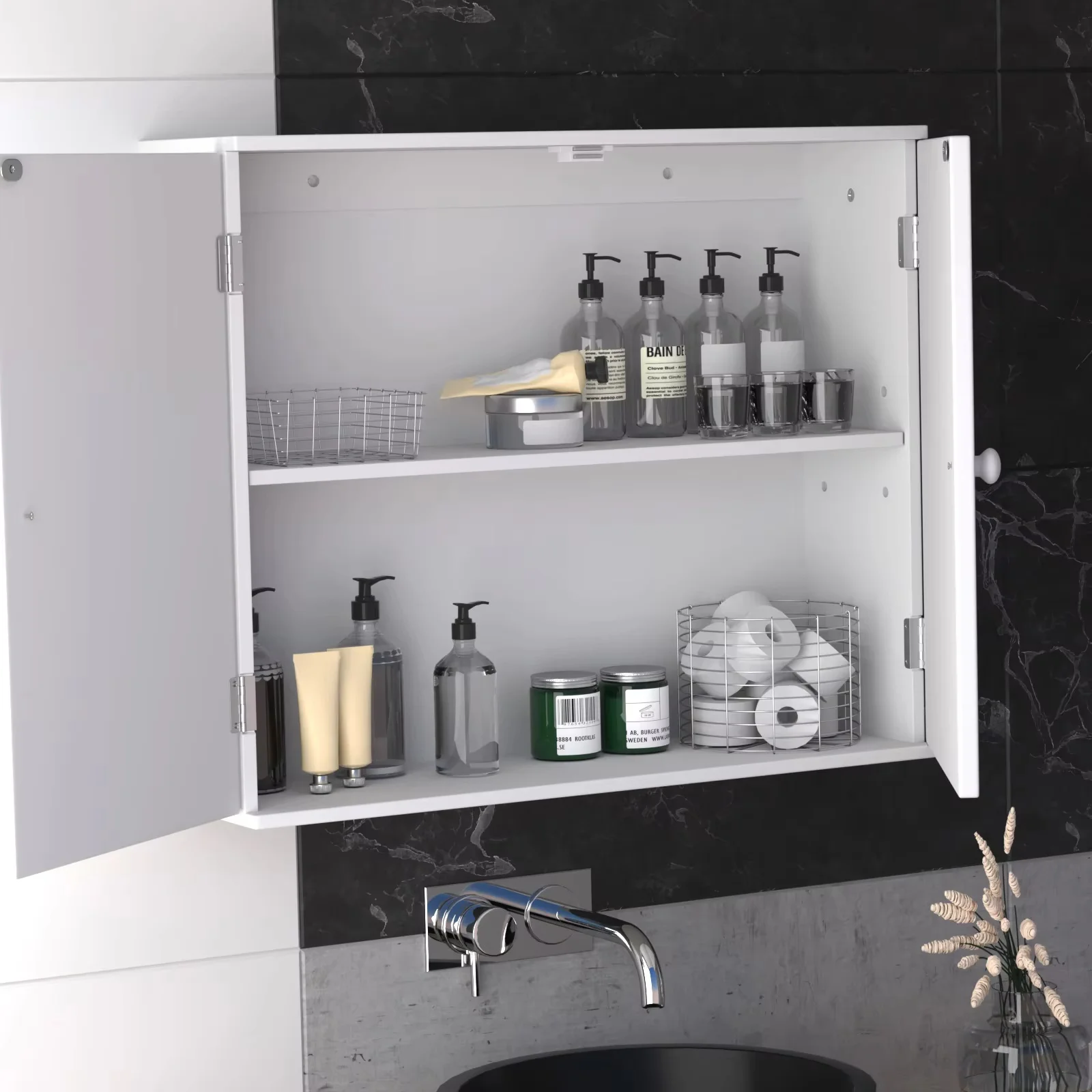 BRIEFNESS Mobiletto da bagno Mobiletto da parete per bagno Mobiletto da cucina con doppie ante e ripiani regolabili Bianco