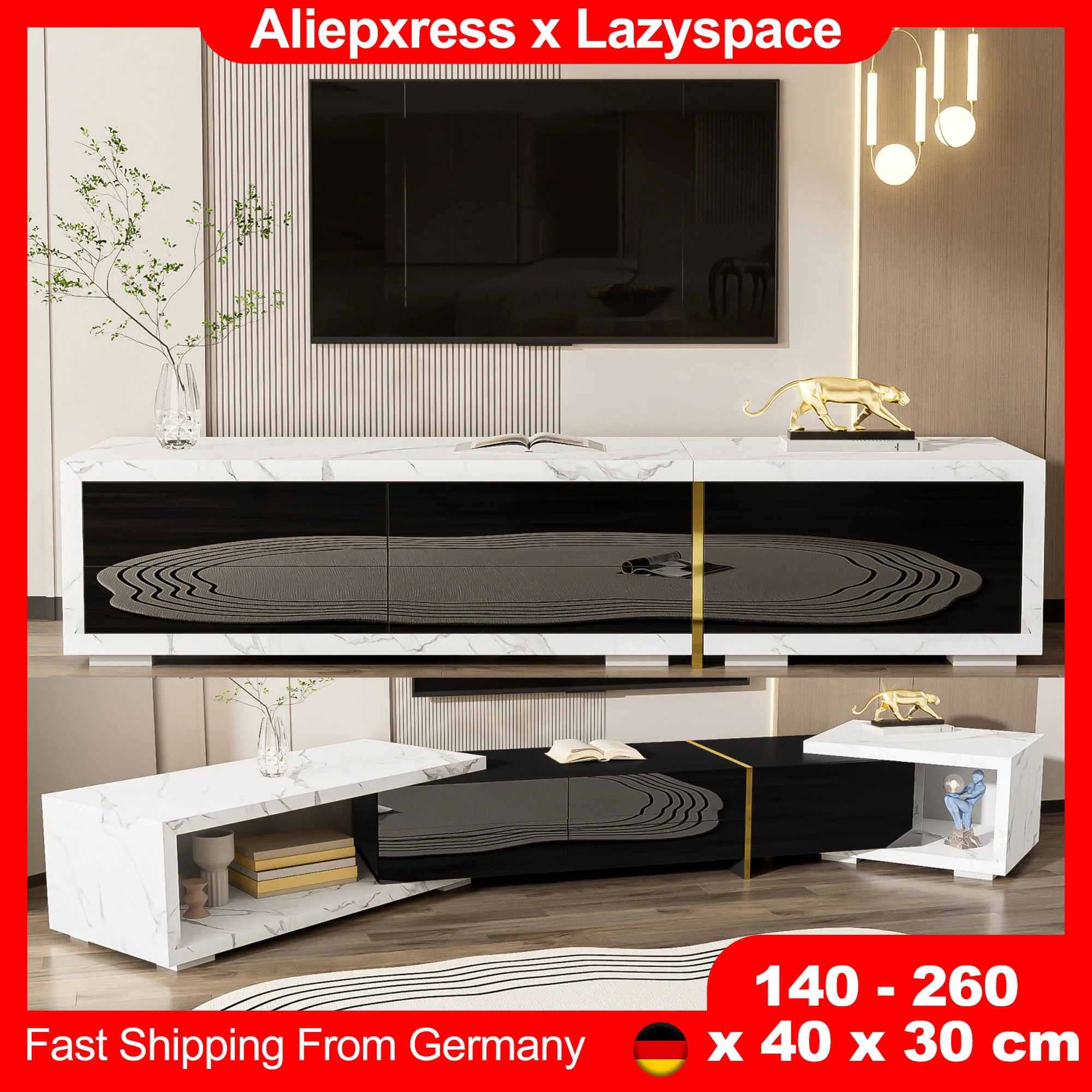 Meuble TV moderne Lazyspace avec longueur variable 140-260 cm, meuble TV rotatif déformable, meuble TV de salon