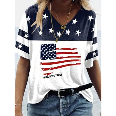Women's Patriotic T Shirt Graphic American Flag Vintage Stylish Classic Short Sleeve V Neck Regular Tops Daily Weekend Print White Blue Summer Spring