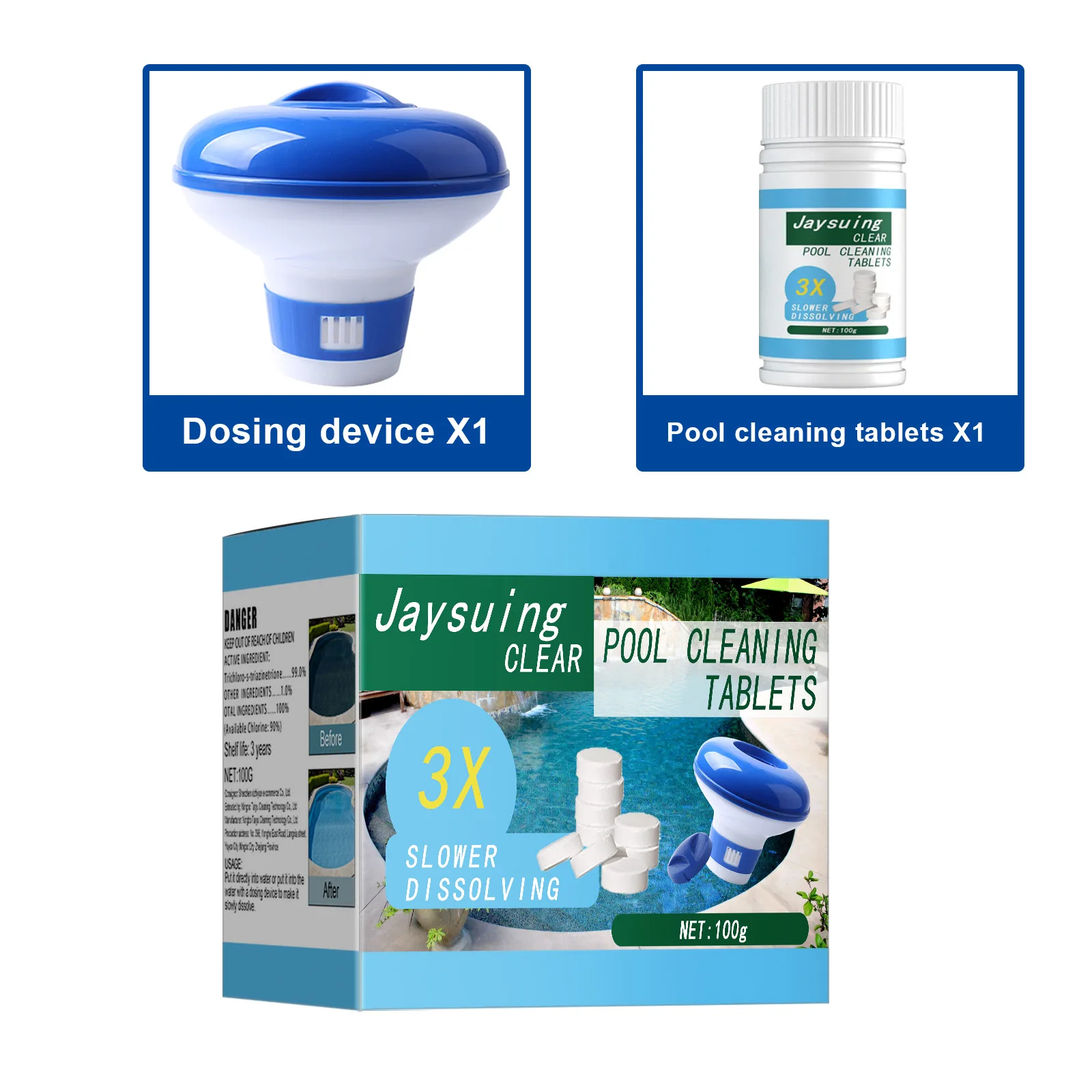 Brausetabletten für den Pool, sofortige Brausetabletten für Chlor, Chlortabletten für Poolwasseraufbereitung, Spender für die Poolwasseraufbereitung Image