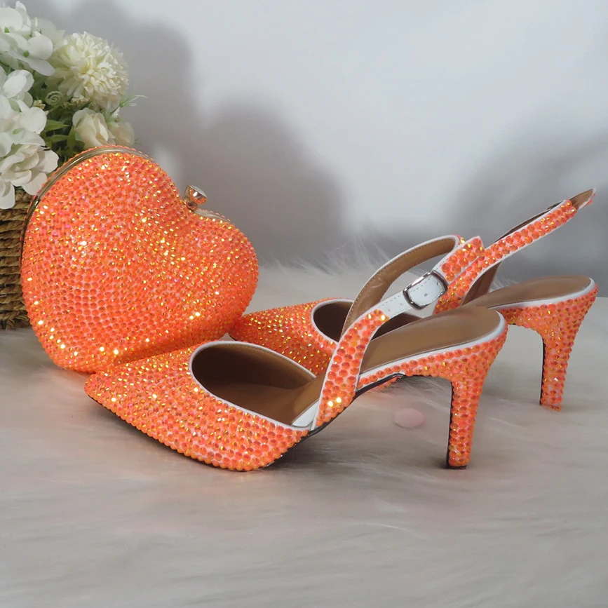 2021 neue Ankunft Herz Tasche Orange AB Spitz Hochzeit Schuhe und Tasche Frau Hohe Dünne Ferse Party Kleid Schuhe Pumps Pumps