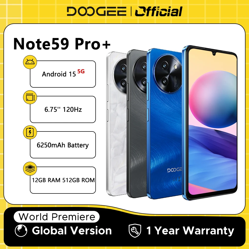 Globale Version DOOGEE Note59 Pro+ 5G Smartphone Android 15 6250 mAh Akku 6,75'' 120 Hz Bildschirm 12 GB 512 GB AI Kamera Handy Image