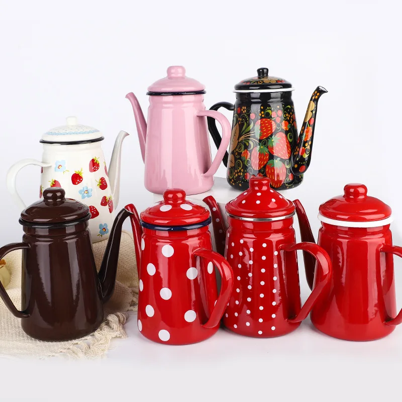 Emaille-Kaffeekanne, verdickte Emaille-Teekanne, 1,1 l, handgebrühte Kaffeekanne, feiner Auslauf, Kühler Image