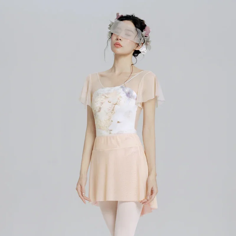 Neue Elegante Frauen Ballett Trikots Gedruckt Lotus Blatt Hülse Rüschen Kurzarm Tanz Trikot Mesh Spleißen Bademode Trikots