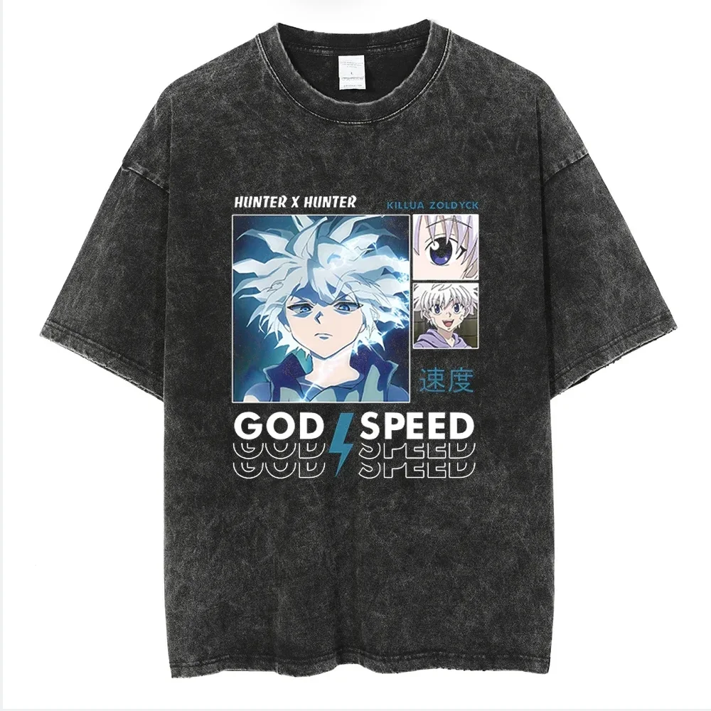 Retro Washed Vintage Kurzarm Herren und Damen T-Shirt aus reiner Baumwolle Washed Top Anime Full-Time Hunter Hunter X Hunter