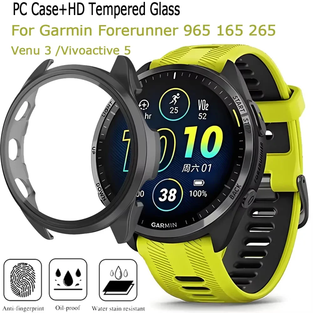 PC-Gehäuse + HD-gehärtetes Glas für Garmin Forerunner 965 165 265, Rundum-Schutzbildschirm, sturzsichere Schale, Venu 3/Vivoactive 5 Image