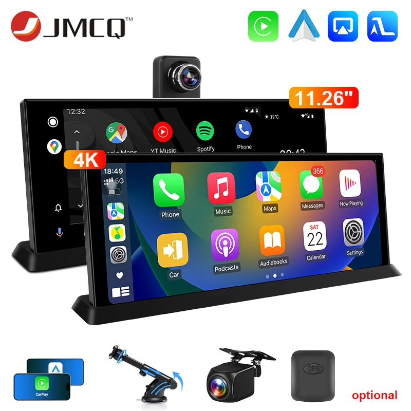 JMCQ 11,26" 4K Dash Cam Rückspiegelkamera Wifi Wireless Carplay & Android Auto Dual Lens Auto DVR Videorecorder GPS AUX BT Image