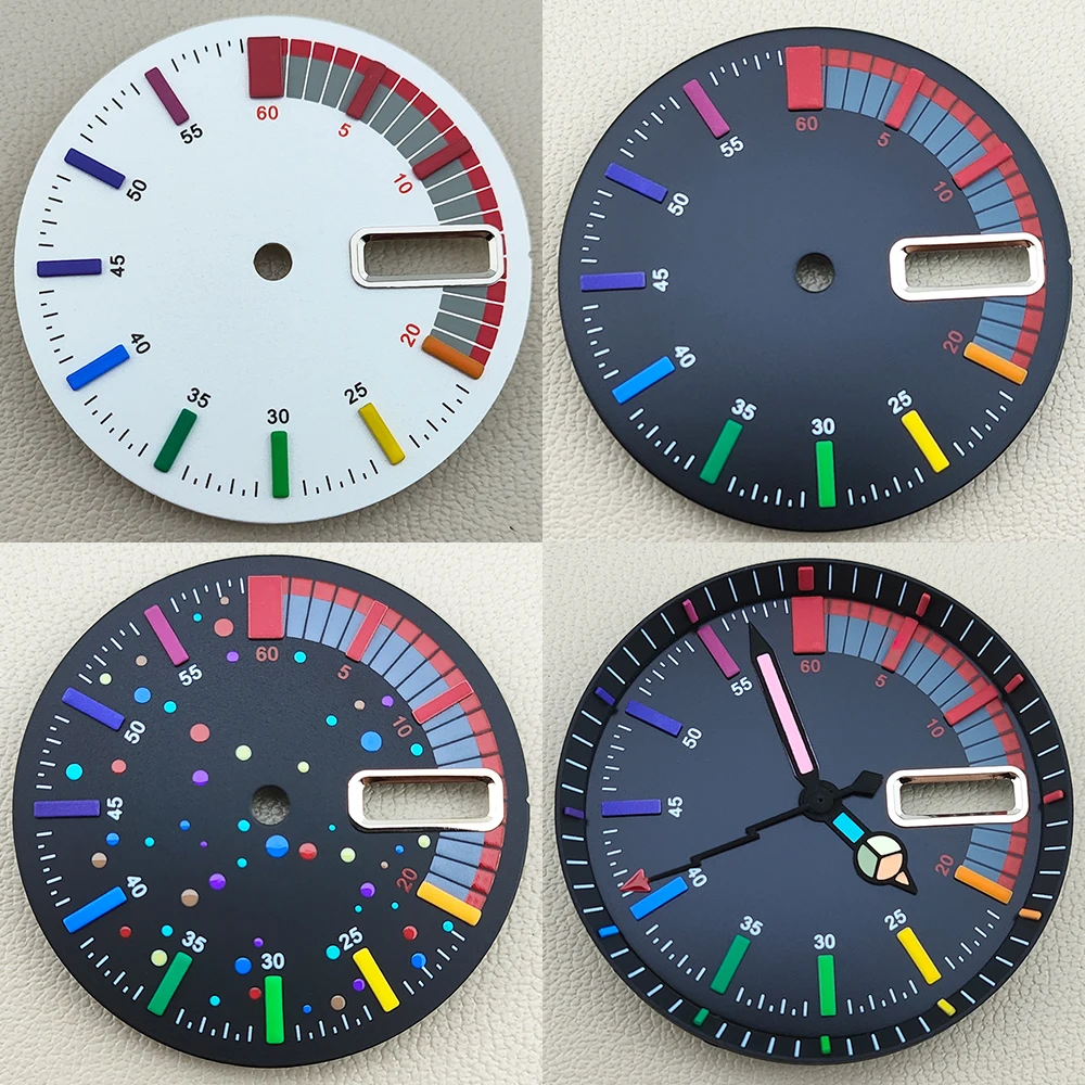 NH36-Zifferblatt, 28,5 mm Zifferblatt, grün leuchtendes Zifferblatt, individuelles Logo, Regenbogenfarbe, 3-Uhr-Position, Dual-Kalenderfenster Image