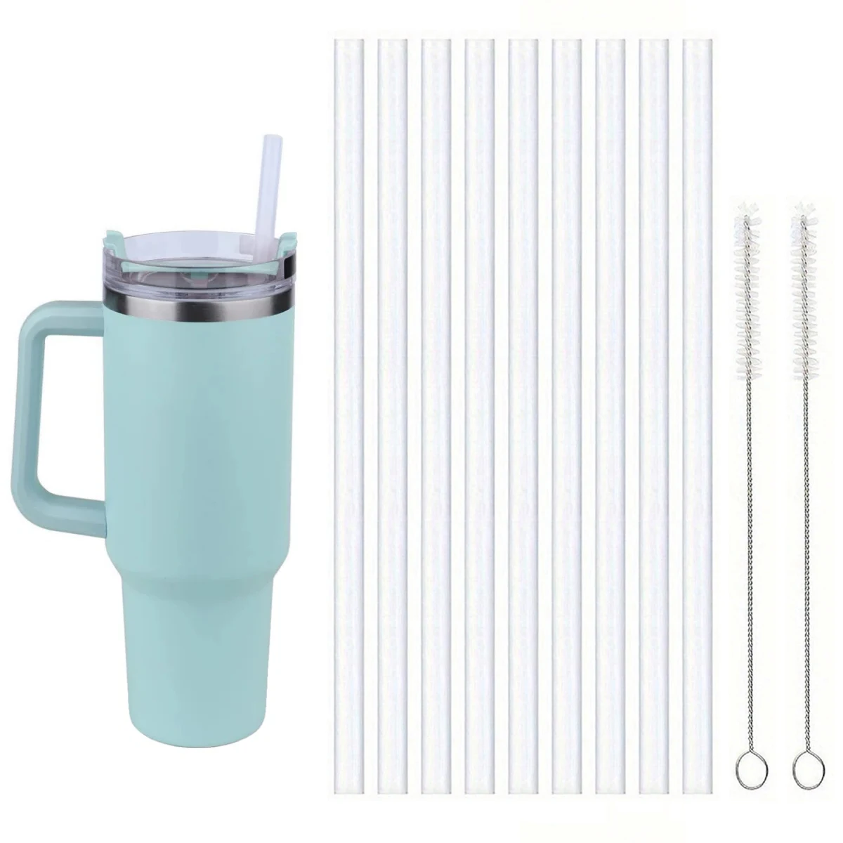 Ersatzstrohhalme für Stanley 40 oz Tassenbecher, 12er-Pack transparente wiederverwendbare Kunststoffstrohhalme, 2 Strohbürsten, für Stanley Cup Image