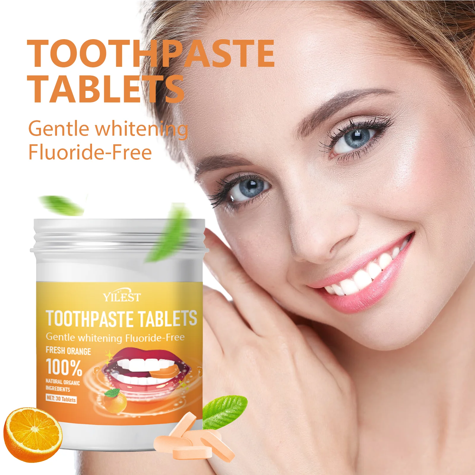 Orangengeschmack, feste Zahnpasta-Tabletten, frischerer Atem, Mundpflege, gesünder Zähne, Zahnfleisch, Zahnaufhellung, Rauchflecken entfernen Image