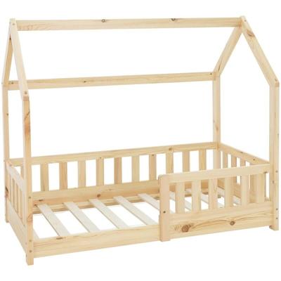 Kinderbett 70x140 cm mit Rausfallschutz, Dach und Lattenrost, Natur, Massivholz Kinder Bett, Image