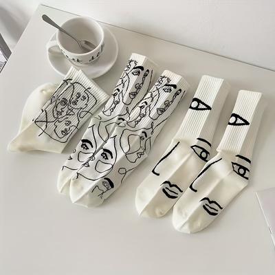 TEMU 3 Pairs Women's Abstract Line Art Mid-calf Socks - Black & White Hand-drawn Portrait Design, Machine Washable, Artistic Casual Wear & Unique Gift Idea, Novelty Socks, , Modern Aesthetic, , Image