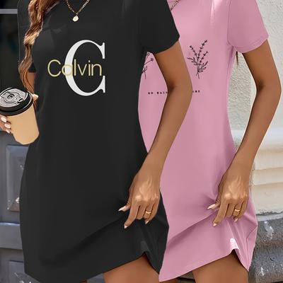 TEMU 2pcs Women's Casual Letter Print T-shirt Dresses, Geometric Pattern, Crew Neck, Short Sleeve, Slim Fit, Summer Mid-length Skirt Image