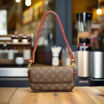 TEMU 1pc Vintage Floral Shoulder Bag With Contrasting Red Strap And Pattern, High Quality, Ideal For Shopping And Casual , Trend, For Holidays, A Personality Style Image